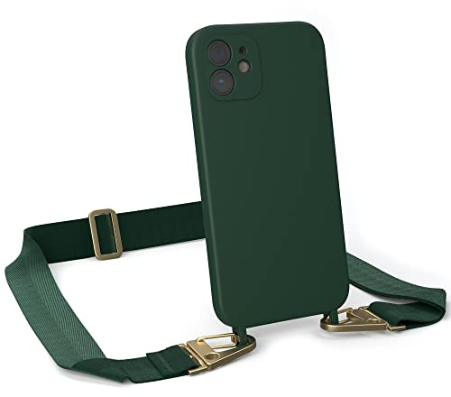 EAZY CASE - Hülle mit Band kompatibel mit iPhone 12 Handyhülle mit Umhängeband Silikonhülle Schwarz Handykette zum Umhängen Handykordel Schutzhülle für Smartphone in Pinien Grün - Clips Gold