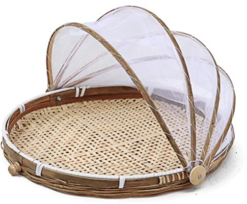 Fruit Baskets for Kitchens Round Bamboo Basket with lid Food Serving Tent Hand Woven Basket with Mesh Cover Food Storage Container (30cm)