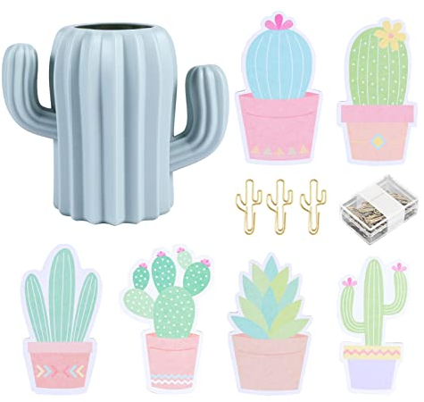 Faddare Pot à crayons en forme de cactus, pot à crayons avec 6 ensembles de papier à notes de cactus et 15 trombones, support de pinceaux de maquillage, pot à crayons, fournitures de bureau