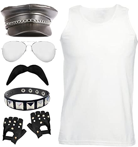Adults 80s Rockstar Costume - White Vest, Biker Hat, Sunglasses, Black & Silver Armband, Fingerless Gloves, Fake Moustache - Adults Eighties Fancy Dress Costume