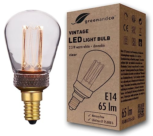greenandco dimmbare Vintage Design LED Birne zur Stimmungsbeleuchtung | E14 ST45 | klar | 2,3W 65lm | 1800K extra warmweiß | 320° | 230V | flimmerfrei | Edison Glühbirne