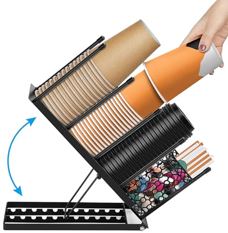 ShineMe Disposable Cup and Lid Holder with Straw Organizer, Metal Coffee Cup Dispenser,4 Compartment Adjustable Paper/Plastic Cup Holder for Coffee Station Bar Countertop Breakroom