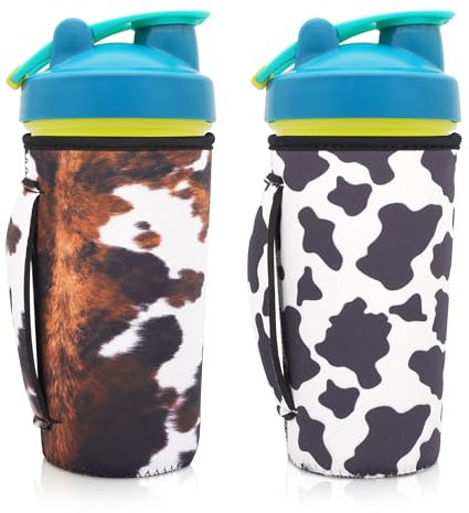 2Pack Reusable Neoprene Insulator Water bottle holder Sleeves with Handle Compatible with 28 oz Blender Bottle, YETI Rambler 20 oz, Stanley 20oz Tumbler and more(Cowhide + Cow Print)
