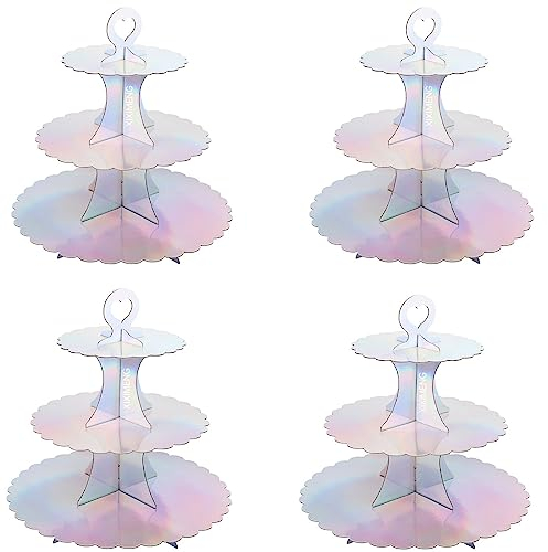 XIXIMENG 4 PACK Cardboard Cupcake Stand 3- Tier lace edge Dessert Stand, Cardboard Cupcake Stand (Colorful Silver)