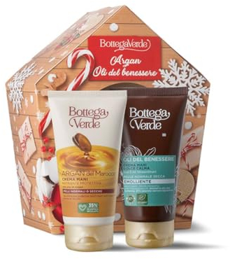 Bottega Verde - Argan e Oli del Benessere, Confezione Regalo con 2 Creme Mani da 75 m Ciascuna, Azione Emolliente, Nutriente e Protettiva, Pelli Normali o Secche in un Elegante Cofanetto, Idea Regalo