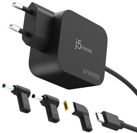 j5create Chargeur mini USB-C 67W avec connecteurs DC, adapté pour les ordinateurs portables alimentés par USB-C et les ordinateurs portables alimentés par DC,y compris Lenovo,Dell et HP (JUP1565DCE3A)
