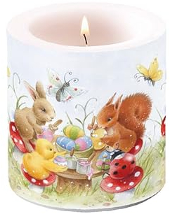 Ambiente Kerze Frühling Malkurs für Tiere als Tischdeko. Motivkerze rund klein für den gedeckten Tisch Ø7,5 x 9cm