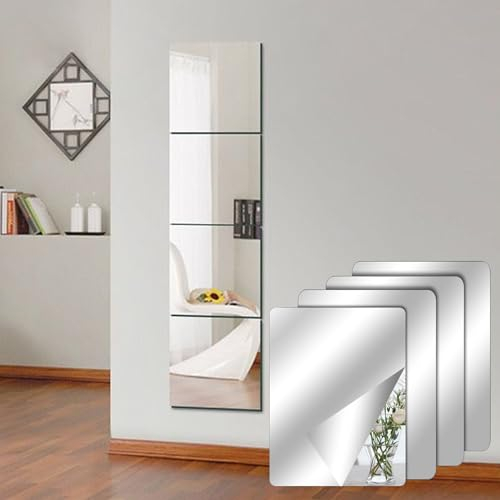 4 Specchi Adesivi per Pareti 30 x 30 cm - Acrilico Fai Da Te per Armadio, Porta, Palestra, Corridoio - Autoadesivo da Parete