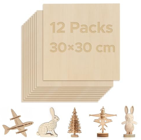 OMTech 12 Pack Basswood Sheets, 300x300 mm Plywood Sheets for Crafts, 3 mm Thick Wood Sheets for Laser Cutting Engraving, Unfinished Wood Boards for DIY Projects Drawing Painting Architectural Models