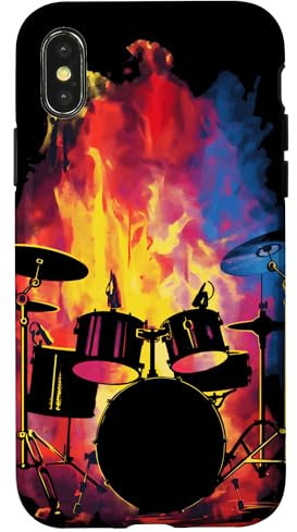 Custodia per iPhone X/XS Flaming Batteria con fiamme per musicisti rullante tom crash