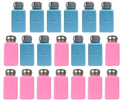 20 Pack 200ml 6 OZ ESD Solvent Bottle | EPA AntiStatic Square Bottle | Static One Touch press Stainless Steel Liquid Dispenser Pump for Rubbing Alcohol / Nail Polish Makeup Remover Dispenser, Pink
