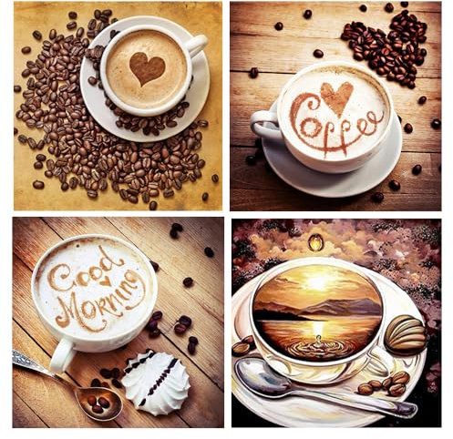 DCIDBEI 30x30CM 4 Stück Diamond Painting Kaffee, 5D Diamant Painting Bilder Herz, Puzzle Diamond Liebe, Diamond Art Erwachsene, Handwerk Wanddekoration Wohnzimmer Küche Büro