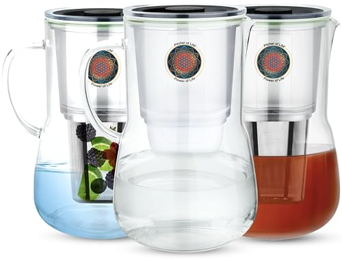 Borosilicate Glass Alkaline Water Pitcher of Life with Stainless Steel Fruit infuser 0.4 Gallon Glass Pitcher with Lid Clearly Filtered Water Pitcher Increases pH NSF/ANSI 42 & 61 Certified Filters