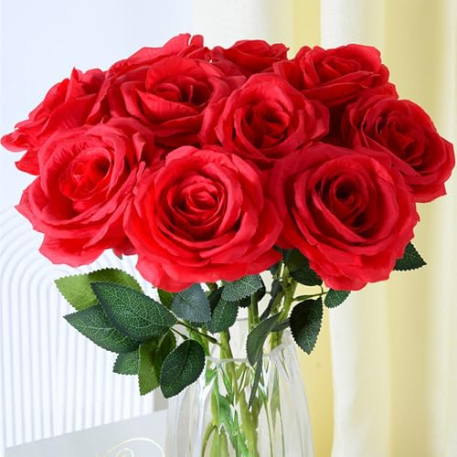 FODYNE Artificial Silk Rose Flowers, 30 Pcs Fake Roses with Long Stems Artificial Flowers for DIY Wedding Bouquet Table Centerpiece Home Party Decor (30, Red)