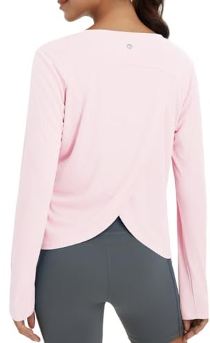 baleaf Women's Long Sleeve Gym Tops Crossed Back Running Yoga Sports Tank Tops Quick Dry UV Protection Pink L