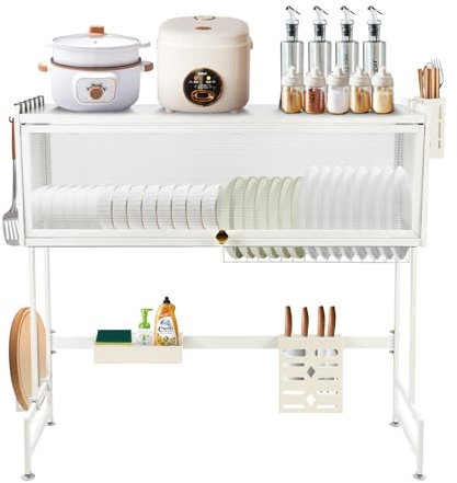 HUOLE Escurreplatos Acero Inoxidable, Escurreplatos Acero Inoxidable con Drenaje Automático, Escurridor de Platos Grande de 3 Niveles con Portavasos y Porta Utensilios, 85 * 30 * 78cm-Blanco