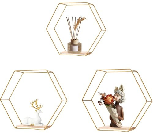 Lawnrden Wandmontierte Sechseck -Floating -Regale, 3pcs Hexagon Regale, 3 Größe Goldenes Hexagon schwimmende, minimalistische und schwere hängende -Wandregale für Zuhause, Hotel, Restaurant