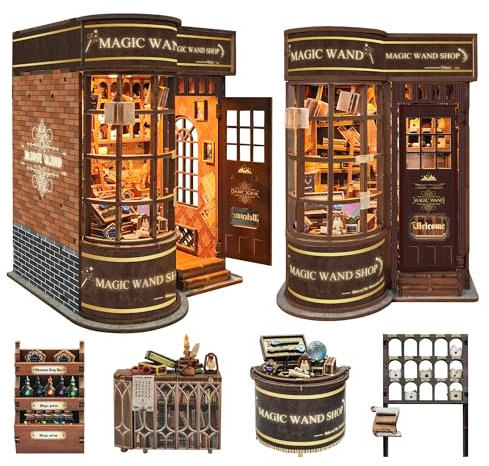 CUTEROOM Kit DIY Book Nook en Bois - Diorama Miniature avec Éclairage LED - Modèle à Construire Boutique de Baguettes Magiques avec Meubles - Cadeau Créatif pour Adultes