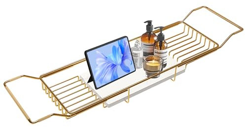 BVL Bathtub Tray Stainless Steel with Marble Base Gold Bathtub Tray with White Marble Base Adjustable & Rustproof Bath Caddy for Spa, Relaxation, Bath Bombs