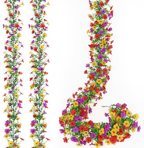 MEIVINES 2 Pack Artificial Daisy Flower Garland,5.9FT UV Resistant Fake Floral Vine Silk Hanging Spring Summer Wild Flower Garland for Home Mantle Garden Wedding Backdrop Decor (Red Yellow Purple)