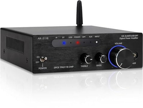 Romicta Amplificatore Audio Stereo Hi-Fi Digitale 200 W, Bluetooth 5.3, Dual TPA3116 Chip, Classe D Amp, Ingressi RCA/USB/Ottico/AUX, Ricevitore Stereo per Altoparlanti Passivi e Subwoofer attivo