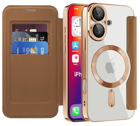 SIYOPINPFY Wallet Case for iPhone 16 with Card Holder, Brown JD | [Compatible with MagSafe] [RFID Blocking] Premium Flip Leather Card Slots Holder , Magnetic Clear Back Shockproof Phone Case