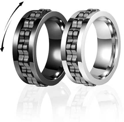 Liekadijiae Fidget Ring,2 Stück Anti Stress Rings | Schwarz Anxiety Ring und Silber antistressring,Polierte Schwere Zappelringe,Modeaccessoires,Für Stress Angstlind(8mm)