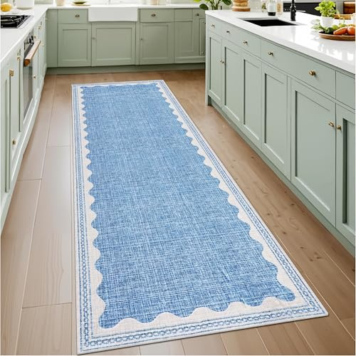 CAROMIO Läuferteppiche für Flur 60x230cm Moderner Wellenrand Waschbar Blau | Ultradünn, Maschinen,Waschbar, Kurzflorig, Rutschfest, Leicht zu Reinigen, für Waschküche, Nachttisch, Eingangsbereich