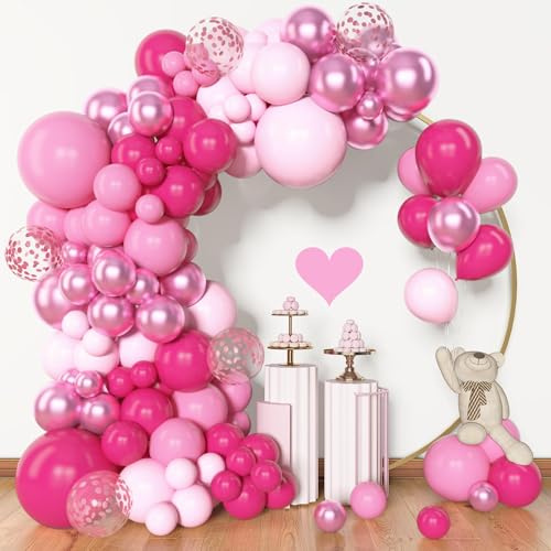 BlueCloudy 153pcs Kit d’Arche à Ballons Guirlande Rose, Différentes Tailles 45 30 25 12 cm, Ballons Latex Rose Fushia Métallique Confettis pour Décoration Anniversaire Mariage