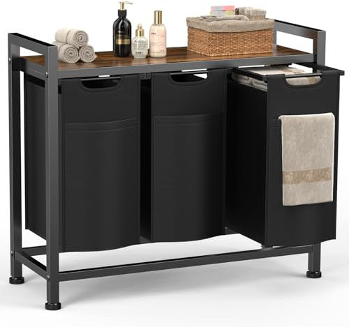 Sweetcrispy Wäschekorb mit Rollen, Wäschesammler 3 Fächer, 120 L, Schwarz | mit Ablage, abnehmbare Wäschesäcke, Wäschewagen für Waschküche/Bad