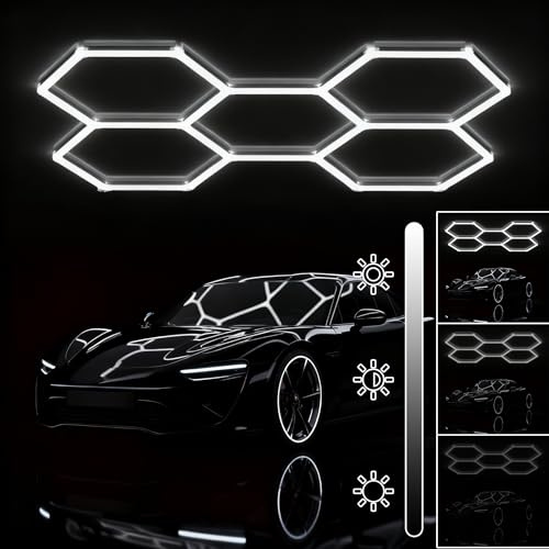 Jatwefiv Lumières Garage Hexagone à 3 Niveaux de Dimmable, Plafonnier LED Nid d'abeille Super Lumineux 6500K, Installation Facile Plafond/Mur pour Atelier, Gym, Salle de Bains, Détail Auto,W