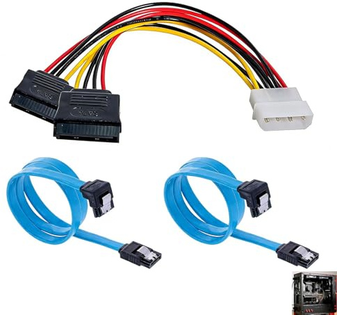 Set di 3 cavi dati SATA, cavo SATA III dritto a gomito 90° + adattatore di alimentazione Molex 4-Pin a 2 SATA, cavi SATA3 con clip in metallo per HDD SSD unità interne PC