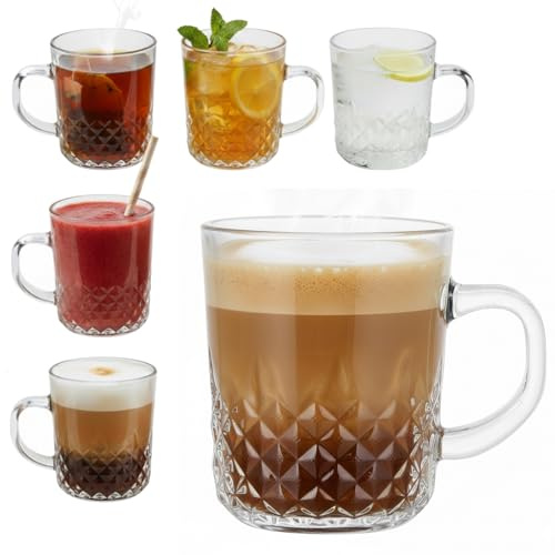 Oceano Set 6 Tazze in Vetro Trasparente 240ml Design Elegante Intagliato a Diamante con Manico Ideali per Caffè, Cappuccino, Tè Caldo e Freddo, Succhi e Tisane