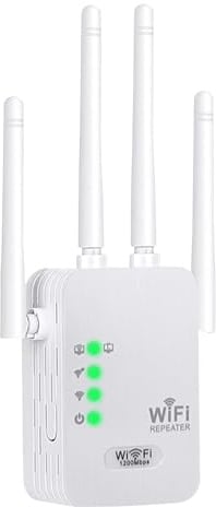 Repetidor WiFi Potente 1200Mbps Amplificador de señal WiFi,4 Antenas,2 Rj45 Puertos LAN,Modo Repetidor/Router/Ap,Cobertura 360° de hasta 1000 m²,Adecuado para Oficinas y Casa,Fácil de Instalar