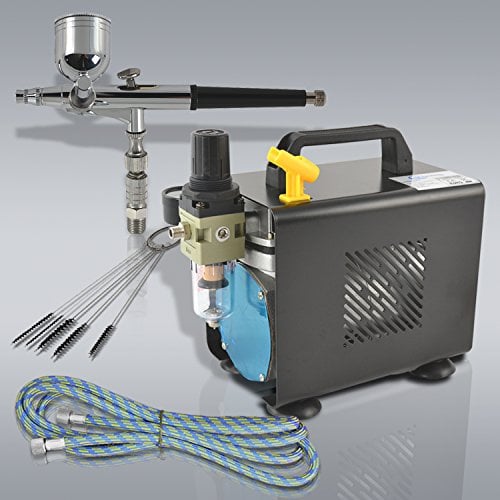 Professionelles Airbrush-Kompressor Ultimate II mit sehr leisem Kompressor, Airbrushpistole mit doppelter Aktion und Nadeln, Becher, Farbe, Glas, Druckluftschlauch