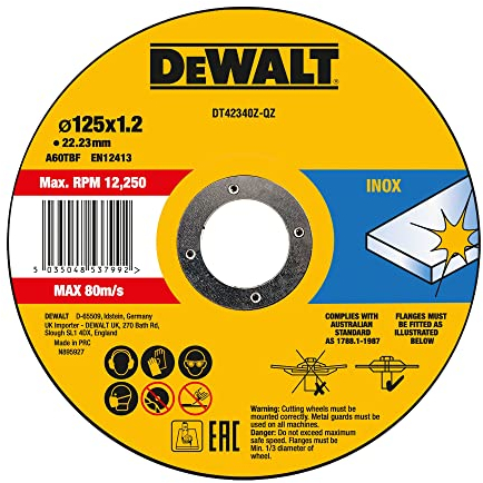 Dewalt Trennscheibe Edelstahl (ø 125 mm x 1,2 mm, für schnelle und saubere Schnitte, mit verstärktem Fiberglas, für Winkelschleifer) DT42340Z-QZ