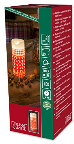 Konstsmide LED Echtwachskerze, weiß, zerlaufene Wachsoptik, rotes Muster mit weißen Tannenbäumen, 4h und 8h Timer, 1 warm weiße Diode, batteriebetrieben, Innen, 2 x AA 1.5V (exkl.) - 1959-550