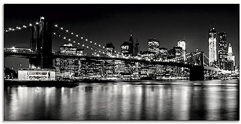 ARTland Wanddeko Glasbilder Wandbild Glas Bild einteilig 100x50 cm Querformat Skyline New York City Schwarz Weiß Manhattan Brooklyn Bridge Brücke Architektur Q2YR
