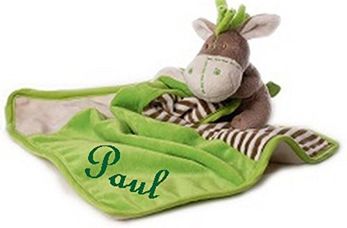 Bibos Kuscheltuch Esel mit Namen bestickt, 100% Polyester, 30 cm x 30 cm, Grün, Personalisierbar mit Namen und Farbauswahl, hochwertiges, farbechtes Madeira Garn
