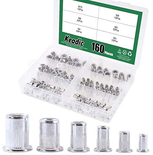 Keadic 160 Stück M3 M4 M5 M6 M8 M10 Metrische Nietmuttern-Sortiment-Kit, Aluminium-Flachkopf-Gewindeeinsätze für Automobil, Möbel, Dekoration