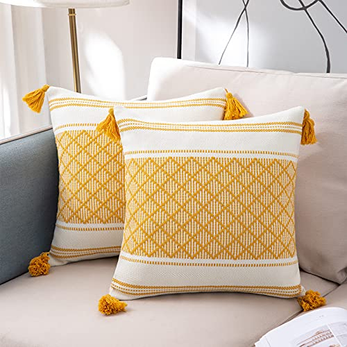 VOFANK 2er Set Boho Kissenbezug Baumwolle Kissenhülle Dekokissen Jacquard Quaste Dekorative Kissenbezüge Sofakissen für Sofa Couch Schlafzimmer Wohnzimmer Auto (Gelb, 45 x 45 cm)