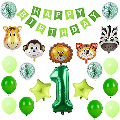 Luftballon 1. Geburtstag Tiere Thema Set, Grün Dschungel Geburtstagsdeko 1 Jahre Kindergeburtstag Deko Tier Folienballons Waldtiere Geburtstag Luftballons für Junge Mädchen Safari Party Deko