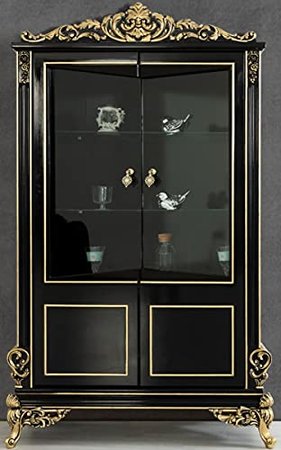 Casa Padrino Luxus Barock Wohnzimmer Vitrine Schwarz/Gold 130 x 55 x H. 210 cm - Prunkvoller Barock Vitrinenschrank mit 2 Glastüren - Edle Barock Möbel