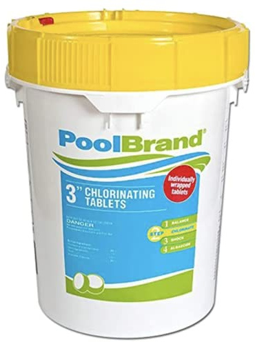 PoolBrand 3 Inch Stabilized Chlorine Tablets for Sanitizing Swimming Pools - Individually Wrapped, Slow Dissolving - 90% Available Chlorine - Tri-Chlor - Made in USA 25 Pounds 12002133