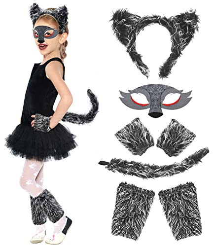 vamei Wolf Ohren und Schwanz Set Wolf Kostüm Kinder Wolf Maske Werwolf Haarreifen mit Pfoten Tierkostüm Mädchen Halloween Kostüm für Erwachsene Karneval Tiere Cosplay Geburtstag Party Faschingskostüme