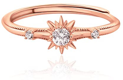 Meissa Bague soleil avec pierre en argent 925 empilable bague solitaire plaqué or bague de fiançailles femme Taille reglable de 44-61.5 (Or rose)