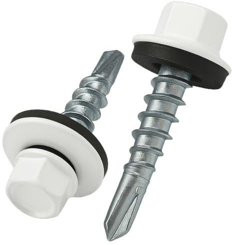 4.8 mm x 25 mm Vis de toiture, tête hexagonale autoperceuse colorée (RAL 9010 Blanc pur) vis de toit avec rondelle scellée en EPDM, vis à gros filets trempés zingués antirouille (50 pièces)