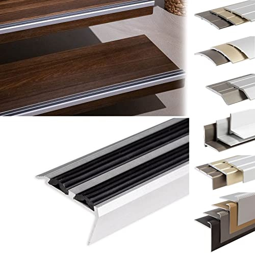 KARAT Profilés de nez de marches en aluminium - Profilés de sol antidérapants - Avec matériel de montage - Profilés d'angle - Double caoutchouc Powergrip - Noir - 900 x 42 x 20 mm - Autocollants