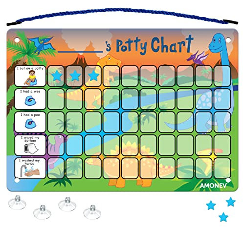 Amonev Children's Dinosaur Magnetic Potty Training Reward Chart. Magnetic Sticker Chart. Reusable Wall Chart for Toilet Training. Suction Cups for Tiles or Glass