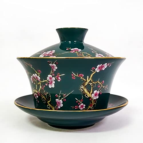 KOPYFANTAP Taza de Té Kung Fu de Porcelana con Platillo y Tapa,Taza de Té Tradicional China Sancai Gaiwan,Patrón de Relieve para Flores de Ciruela,Juego de Té de Palace Estilo Chino,300 ml, Verde